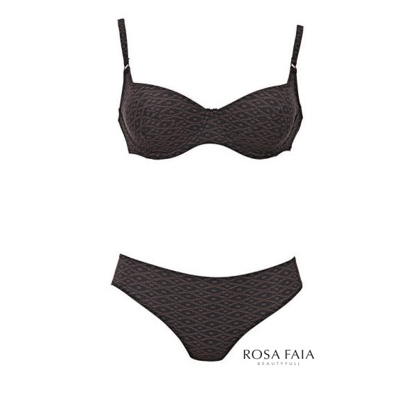 Producto bikini con aros copa I estampado geometrico negro y marrón chocolate